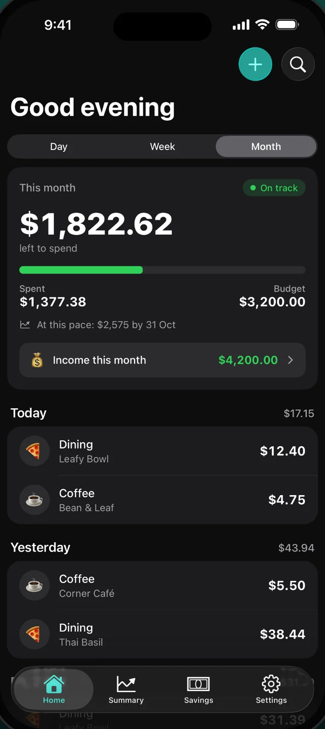 Moniqa home screen showing $1,822.62 left to spend this month
